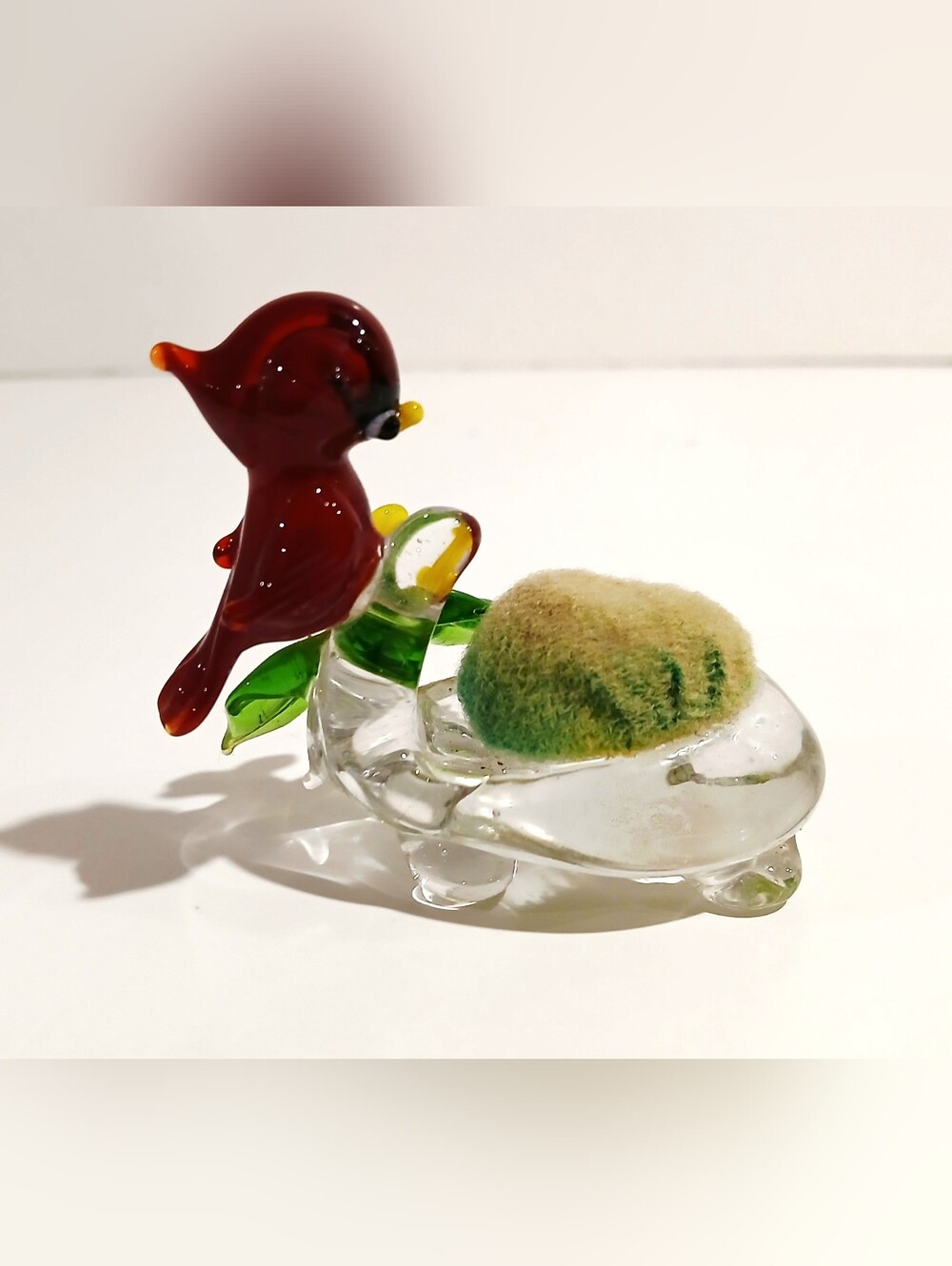 Vintage Glass Bird Pin Cushion with Green Felt Pad